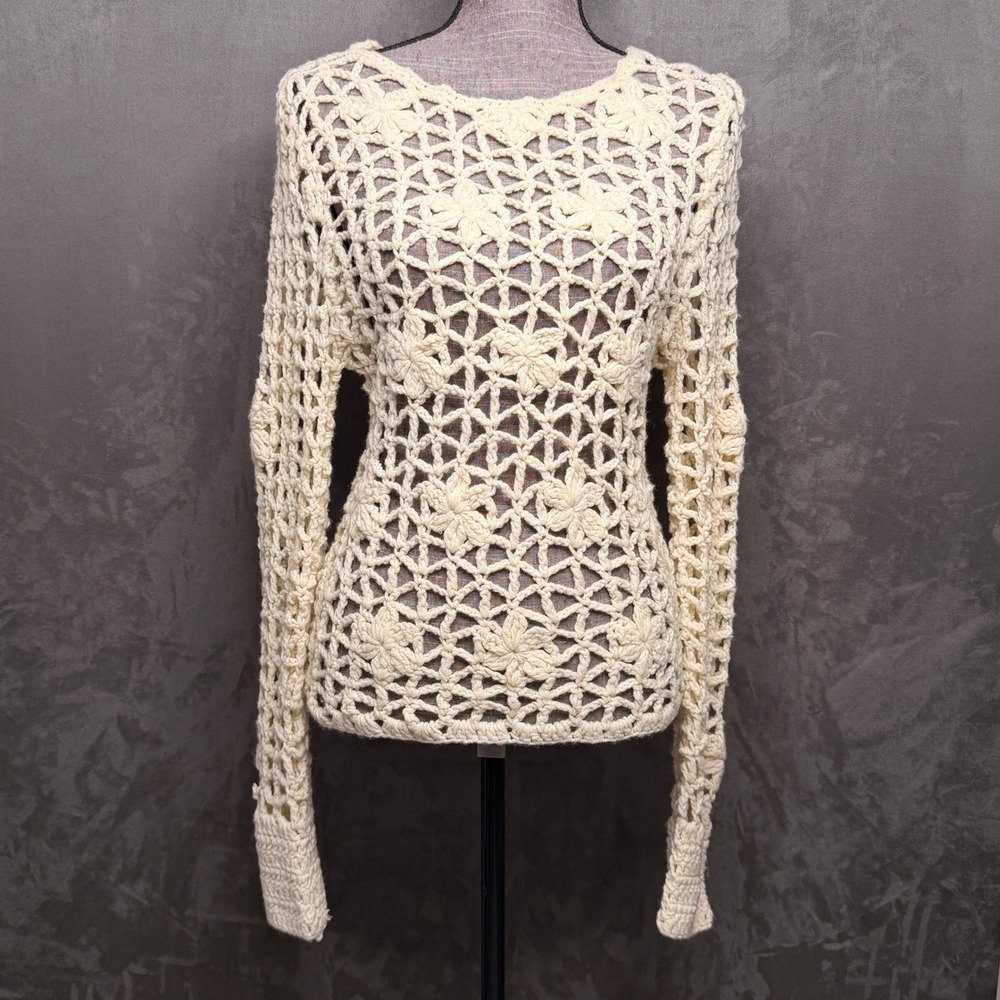 Hippie Laundry Crochet Sweater Womens Small Cream Floral Open Knit Boho